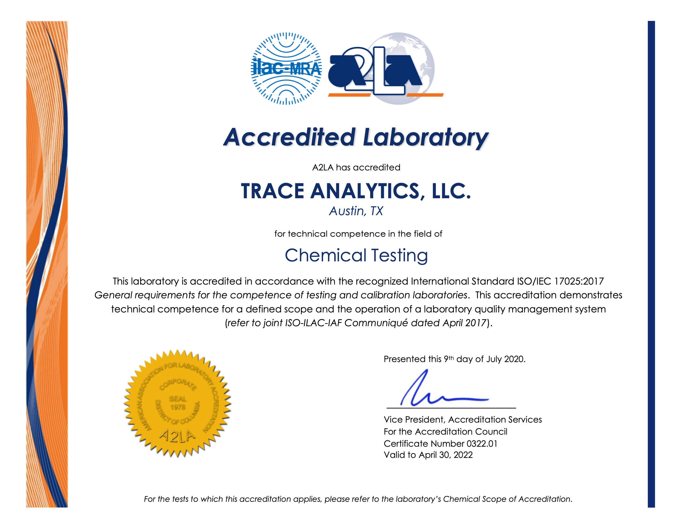 Trace Analytics A2LA certificate