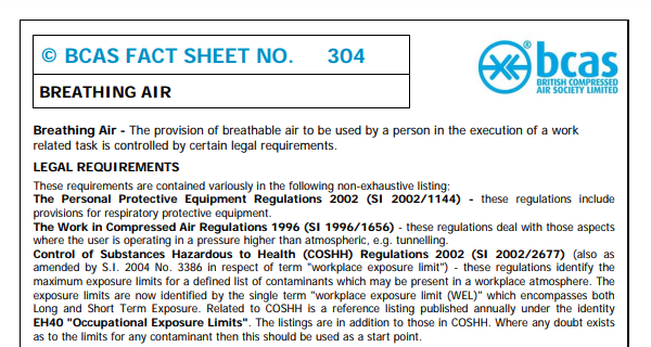 BCAS breathing air fact sheet compressed air testing