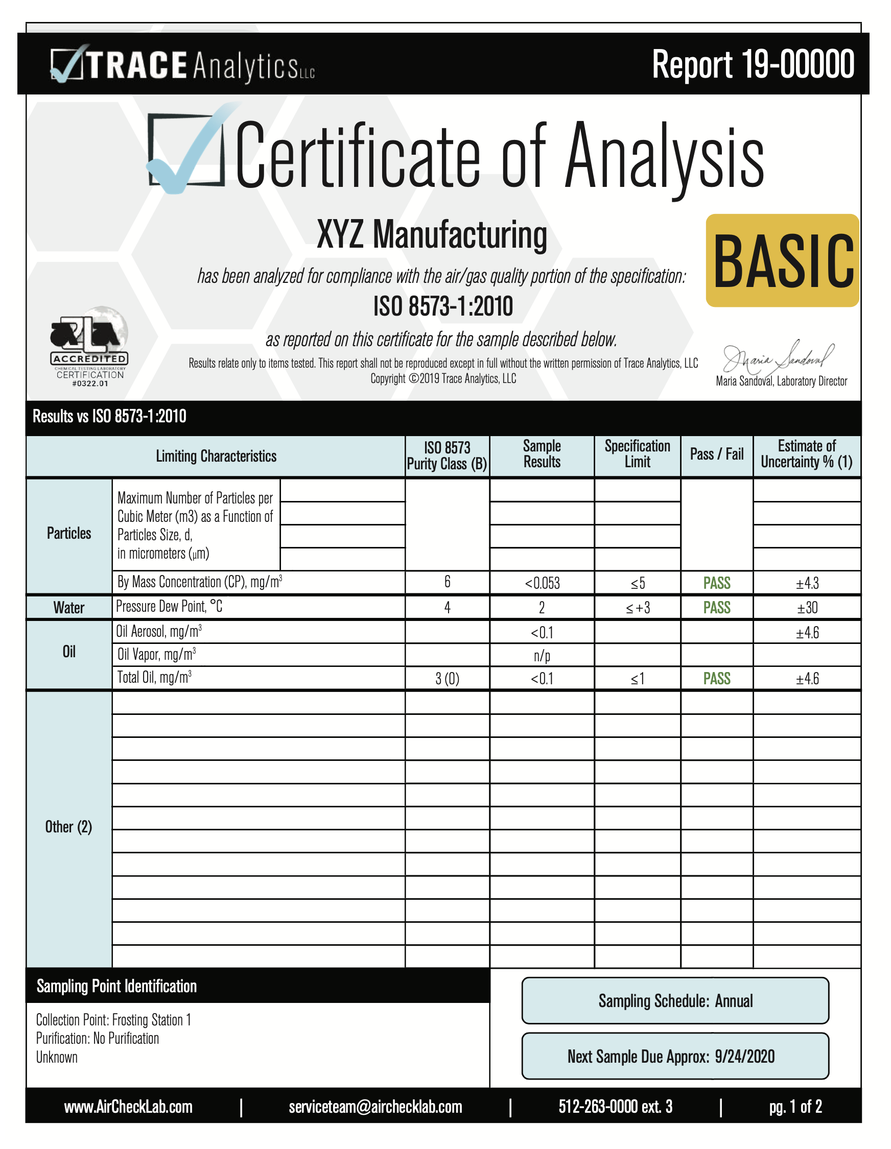 Trace Analytics Compressed Air Testing Example ISO 8573 Report