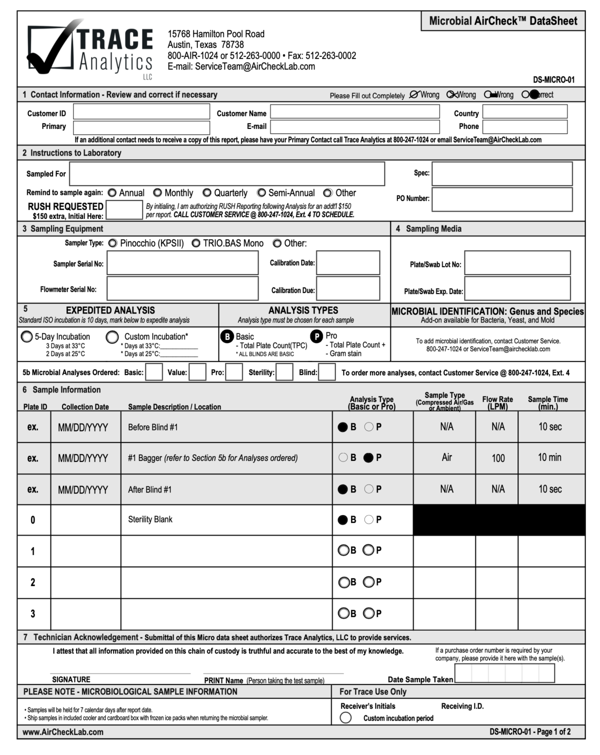 Scan Sampling Data Sheet Example Data Sheets - Trace Analytics, the AirCheck Lab
