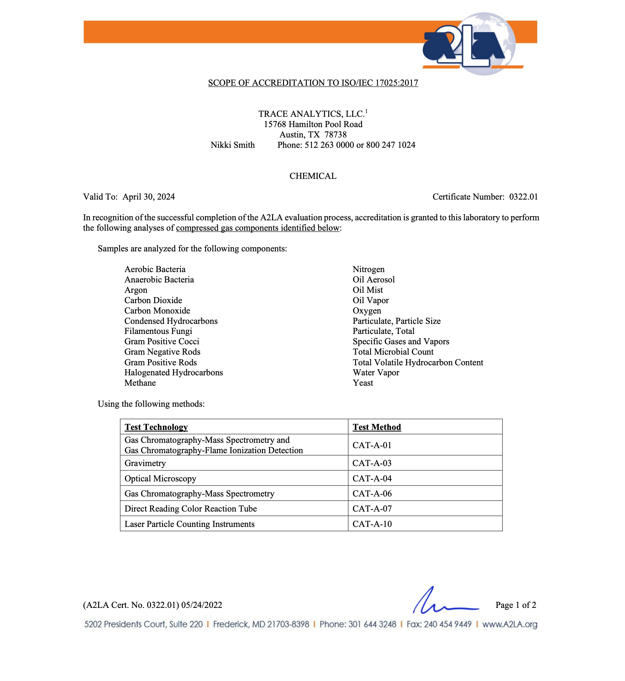 Trace Analytics A2LA Accreditation Certificate