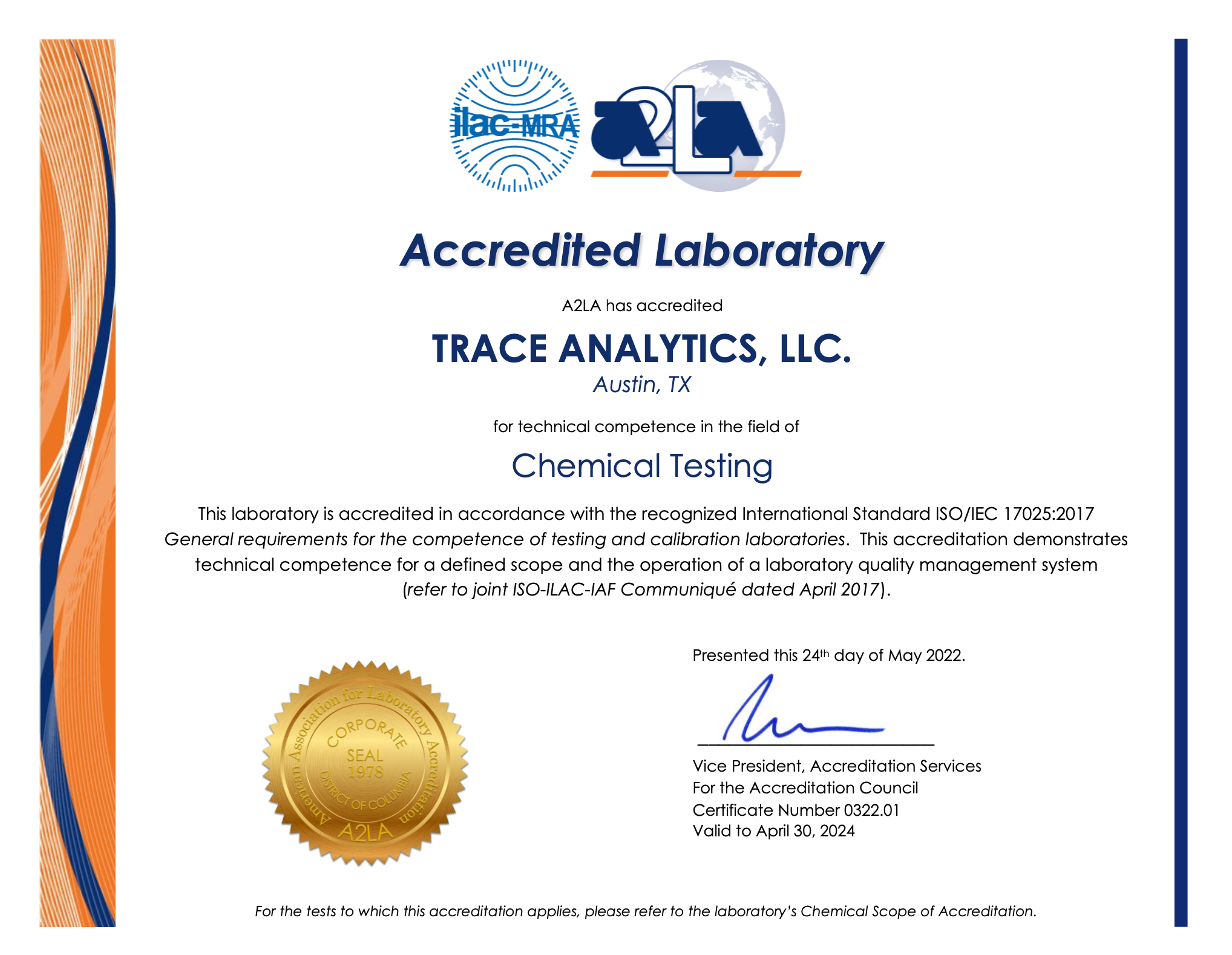 Trace Analytics A2LA Accreditation Certificate